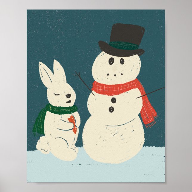Whimsical Bunny & Snowman Art Print Poster (Front)