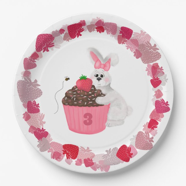 Whimsical Bunny & Strawberry Cupcake Birthday Paper Plate (Front)