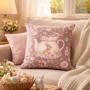 Whimsical Bunny Teapot Floral Easter Cushion