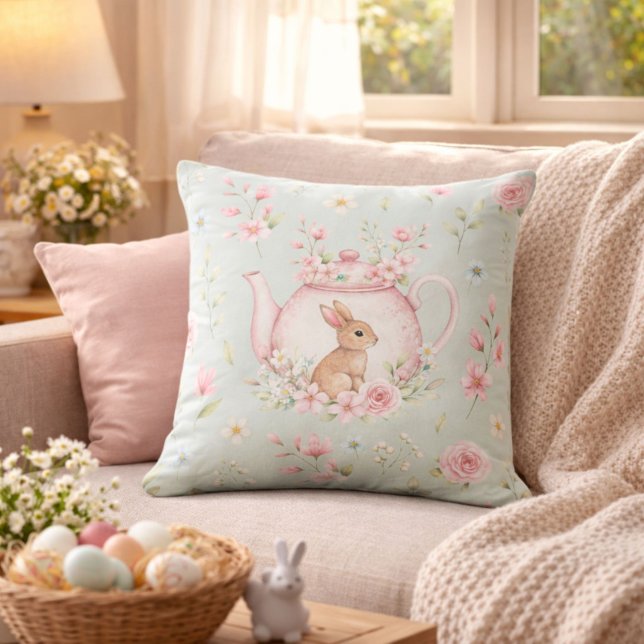 Whimsical Bunny Teapot Floral Easter Cushion (Creator Uploaded)