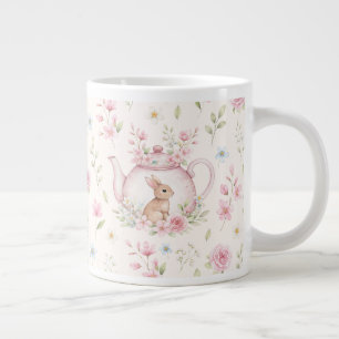 Whimsical Bunny Teapot Floral Spring Large Coffee Mug
