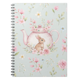 Whimsical Bunny Teapot Floral Spring Notebook