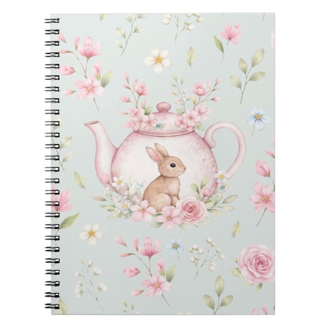 Whimsical Bunny Teapot Floral Spring Notebook (Front)