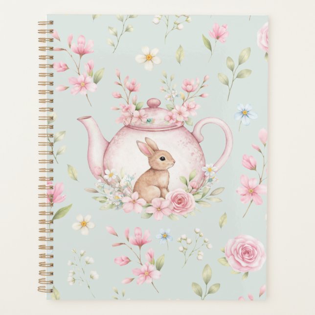 Whimsical Bunny Teapot Floral Spring Notebook Planner (Front)