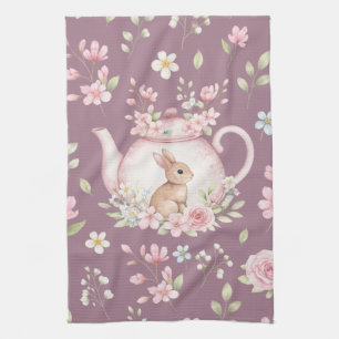 Whimsical Bunny Teapot Floral Spring Tea Towel