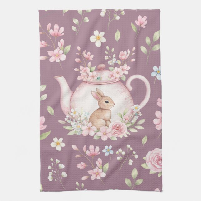 Whimsical Bunny Teapot Floral Spring  Tea Towel (Vertical)