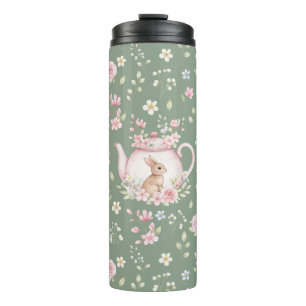 Whimsical Bunny Teapot Floral Spring  Thermal Tumbler