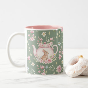 Whimsical Bunny Teapot Floral Spring  Two-Tone Coffee Mug