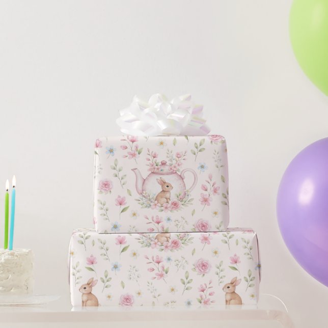 Whimsical Bunny Teapot Floral  Wrapping Paper (Party Gifts)