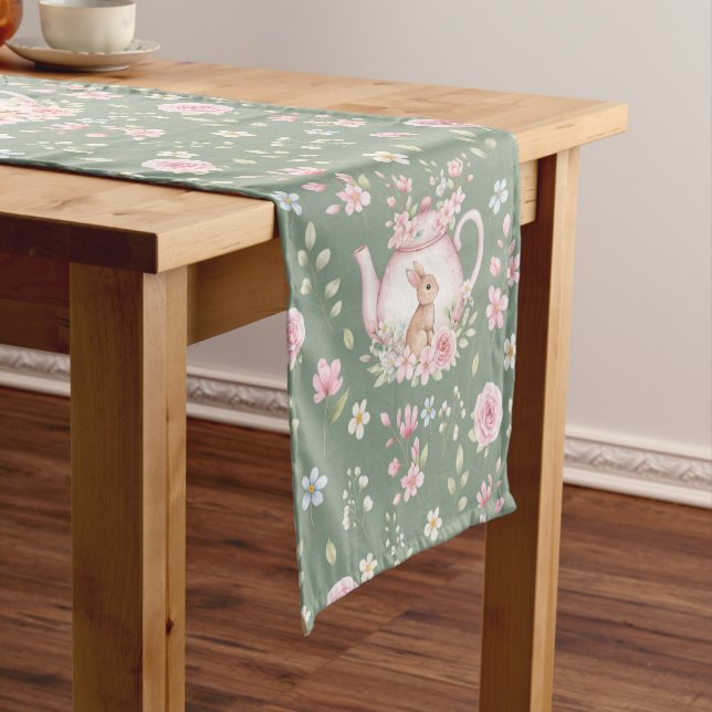 Whimsical Bunny Teapot Spring Floral Pattern Short Table Runner (In Situ)