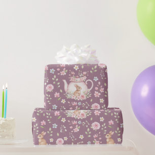 Whimsical Bunny Teapot Spring Floral Pattern Wrapping Paper