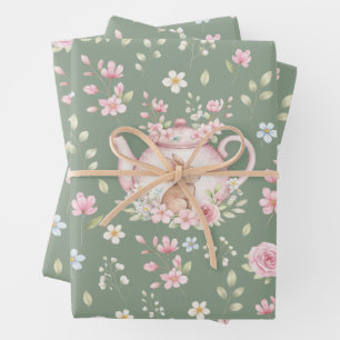 Whimsical Bunny Teapot Spring Floral Pattern Wrapping Paper Sheet