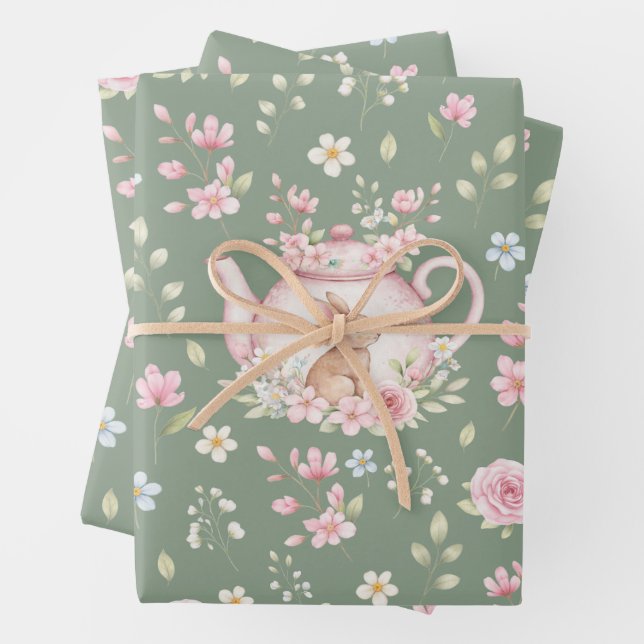 Whimsical Bunny Teapot Spring Floral Pattern Wrapping Paper Sheet (In situ)