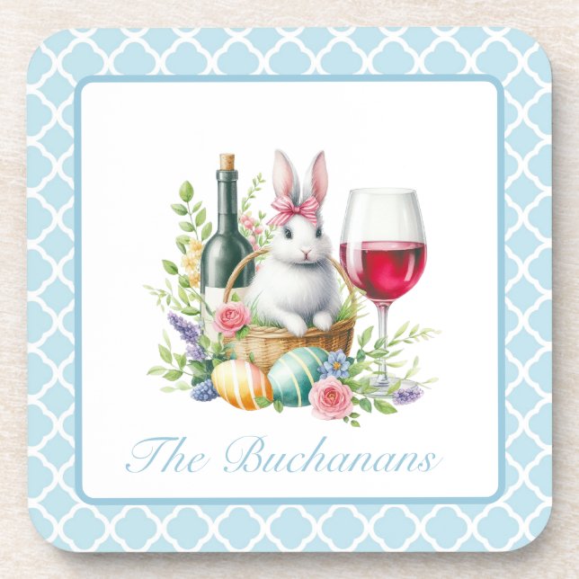 Whimsical Bunny & Wine Design Hard plastic coaster (Front)