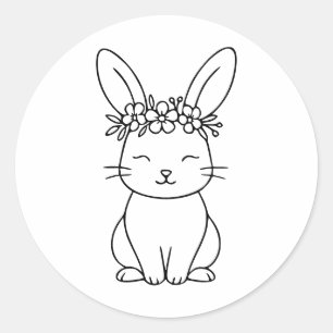 Whimsical Bunny with Floral Crown Line Art Classic Round Sticker