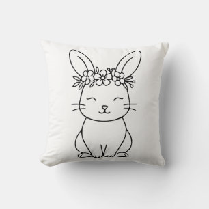 Whimsical Bunny with Floral Crown Line Art Cushion