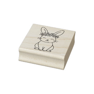 Whimsical Bunny with Floral Crown Line Art Rubber Stamp