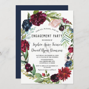 Whimsical Burgundy Blush Flowers Navy Blue Wedding Invitation