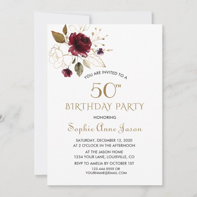 Whimsical Burgundy Gold Floral 50th Birthday Invitation (Front)