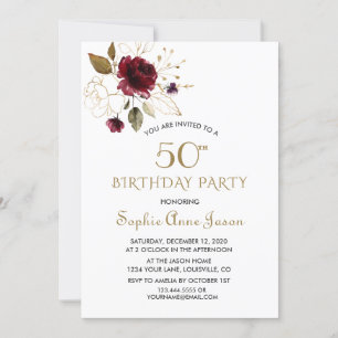 Whimsical Burgundy Gold Floral 50th Birthday Invitation