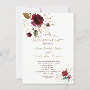 Whimsical Burgundy Gold Floral Monogram Engagement Invitation
