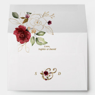 Whimsical Burgundy Gold Flowers Monogram Wedding Envelope