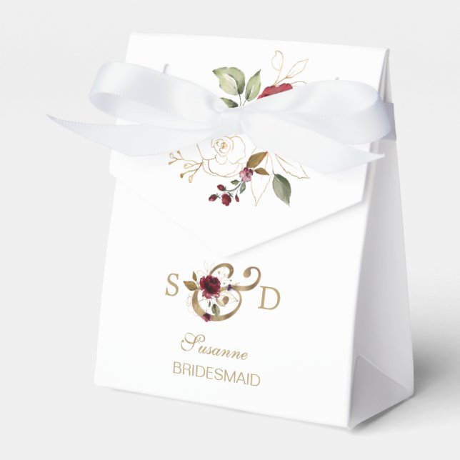 Whimsical Burgundy Gold Flowers Monogram Wedding Favour Box (Front Side)