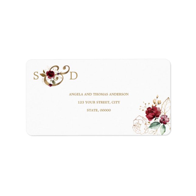 Whimsical Burgundy Gold Flowers Monogram Wedding Label (Front)