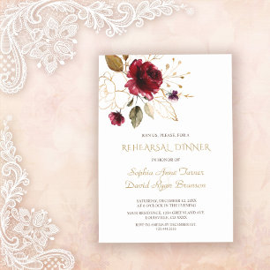 Whimsical Burgundy Gold Flowers Rehearsal Dinner Invitation