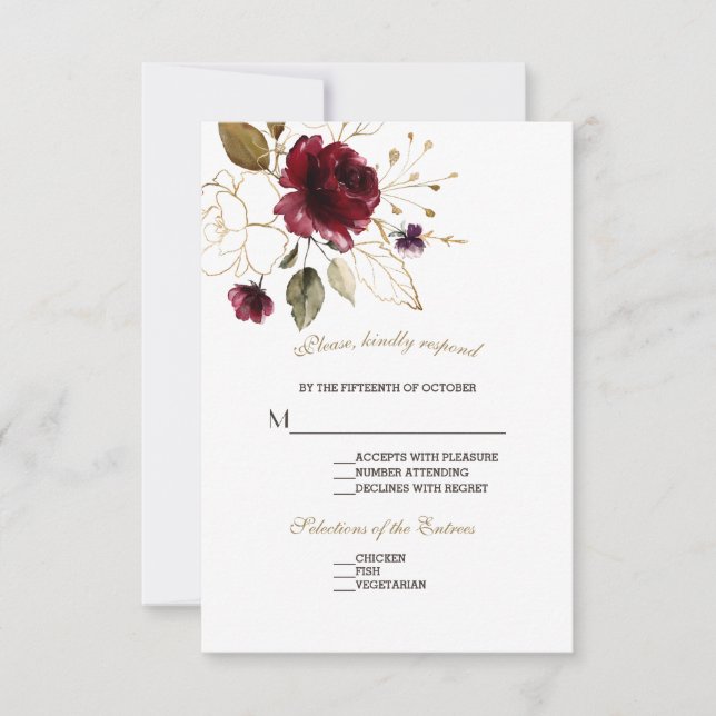 Whimsical Burgundy Gold Flowers Wedding RSVP Card (Front)
