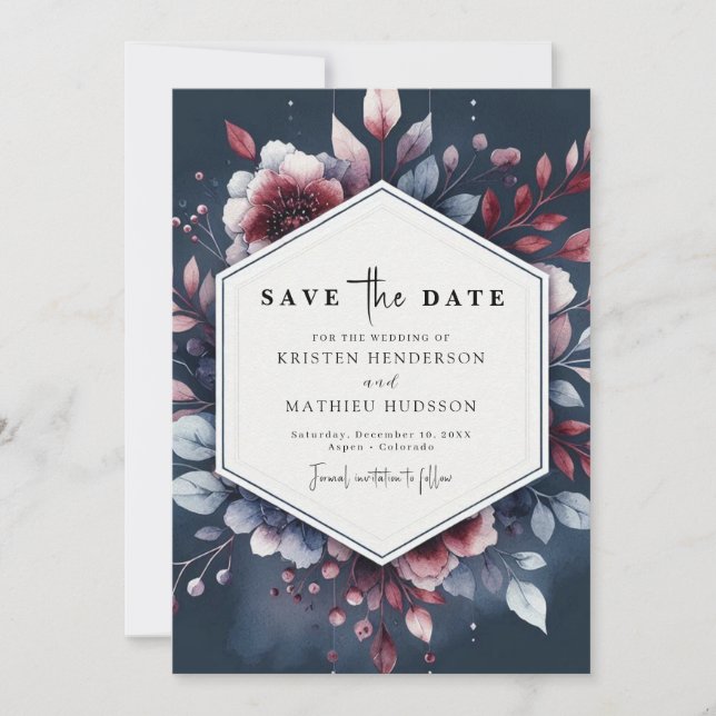 Whimsical Burgundy Wedding Save The Date (Front)