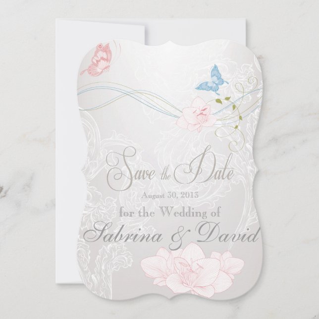 Whimsical Butterflies and Lace Save the Date (Front)