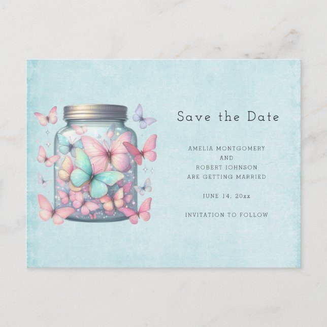 Whimsical Butterflies in a Jar Announcement Postcard (Front)