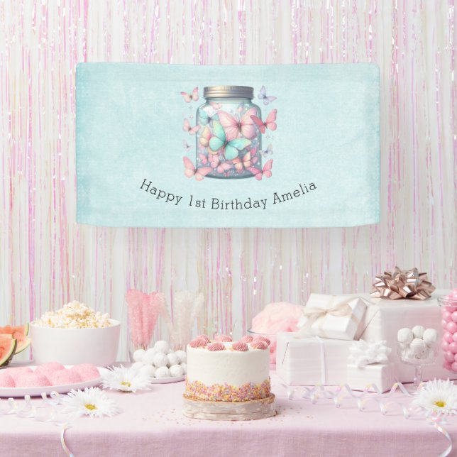 Whimsical Butterflies in a Jar Birthday Banner (Party)
