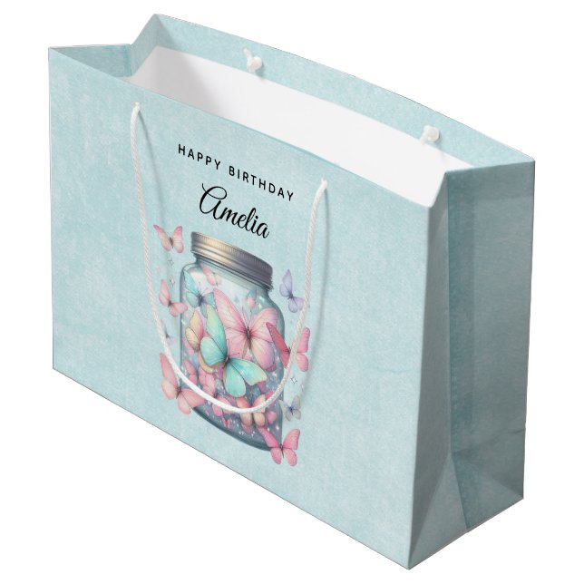 Whimsical Butterflies in a Jar Birthday Large Gift Bag (Back Angled)