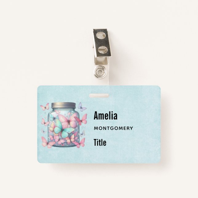 Whimsical Butterflies in a Jar ID Badge (Front with Clip)