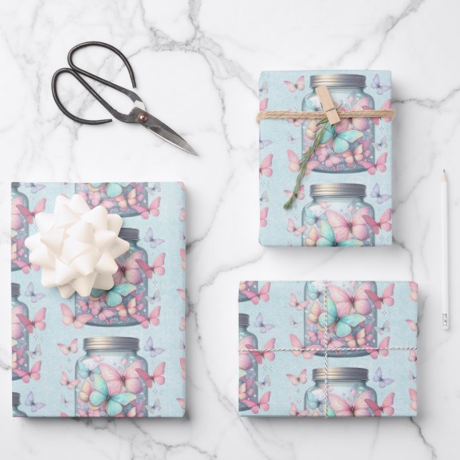  Whimsical Butterflies in a Jar Pattern Wrapping Paper Sheet (Front)