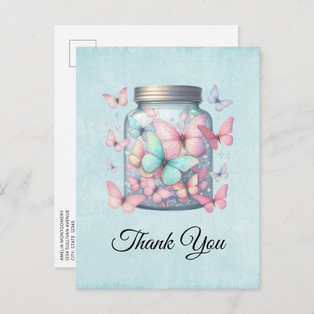 Whimsical Butterflies in a Jar Thank You Postcard (Front/Back)