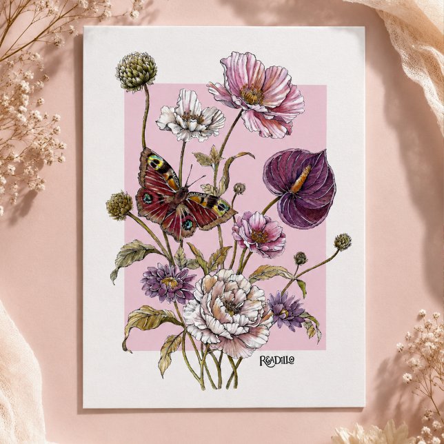 Whimsical Butterfly and Botanical Illustration Postcard (Creator Uploaded)