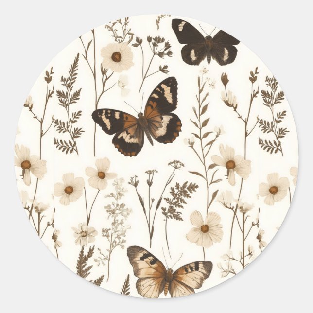  Whimsical Butterfly and Flower Pattern Classic Round Sticker (Front)