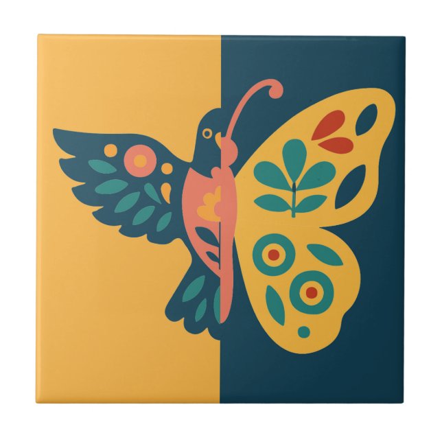 Whimsical butterfly and hummingbird Design Ceramic Tile (Front)