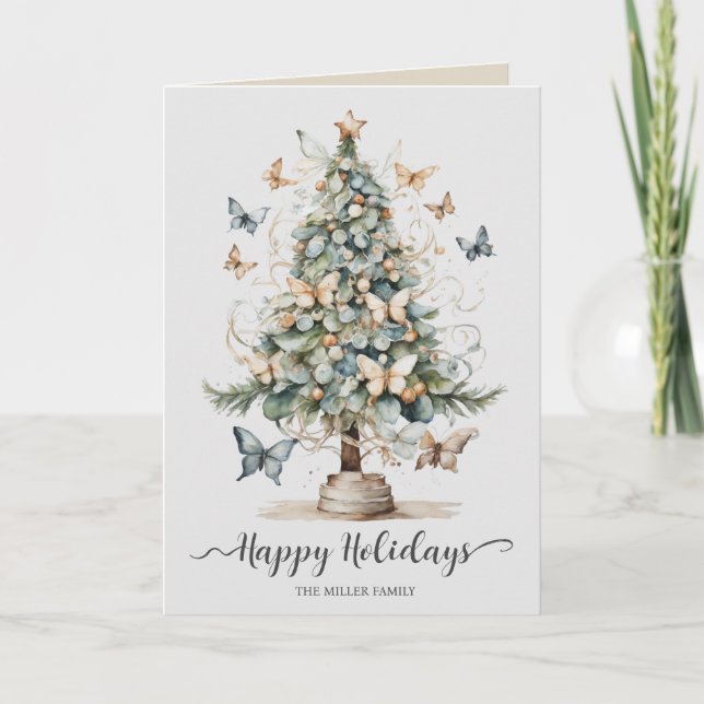 Whimsical Butterfly and Tree Folded Holiday Card (Front)