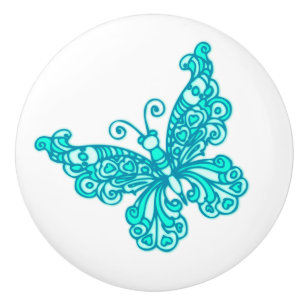 Whimsical butterfly aqua inked art doorknob ceramic knob