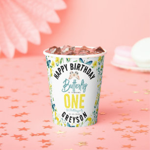 Whimsical Butterfly Floral 1st Birthday Paper Cups