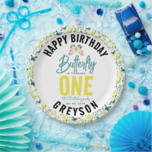 Whimsical Butterfly Floral 1st Birthday Paper Plate