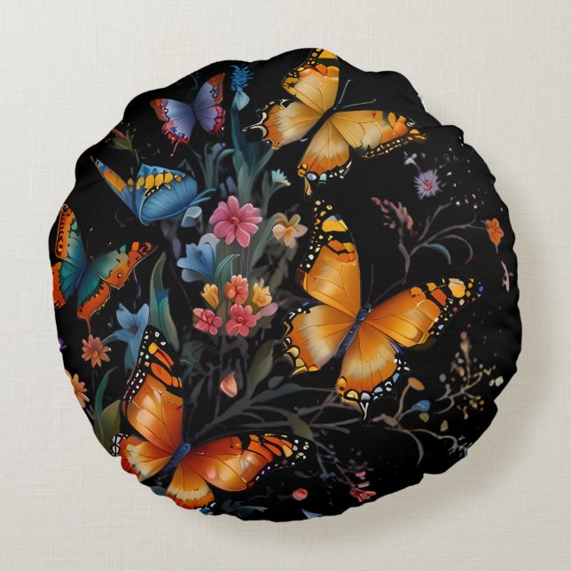 Whimsical Butterfly Garden Round Cushion (Back)