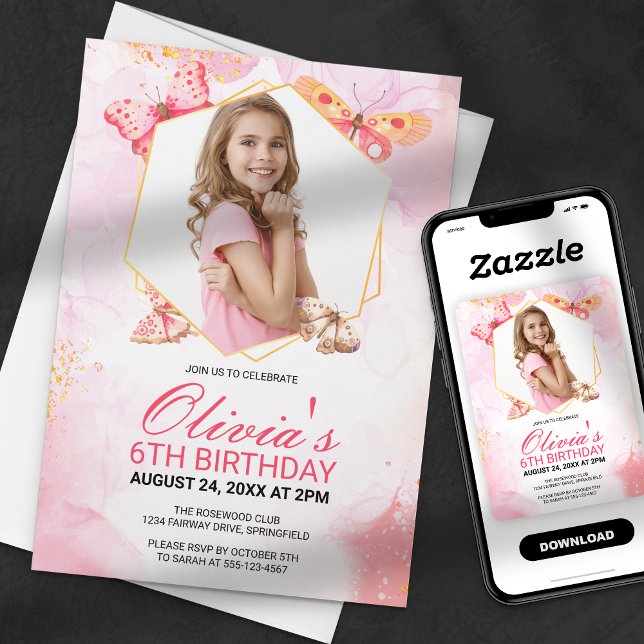 Whimsical Butterfly Kisses Girl Photo Birthday Invitation (Creator Uploaded)