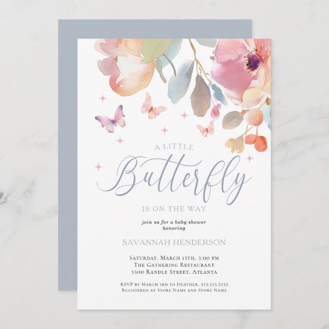 Whimsical Butterfly Pink Blue Floral Baby Shower Invitation (Front/Back)