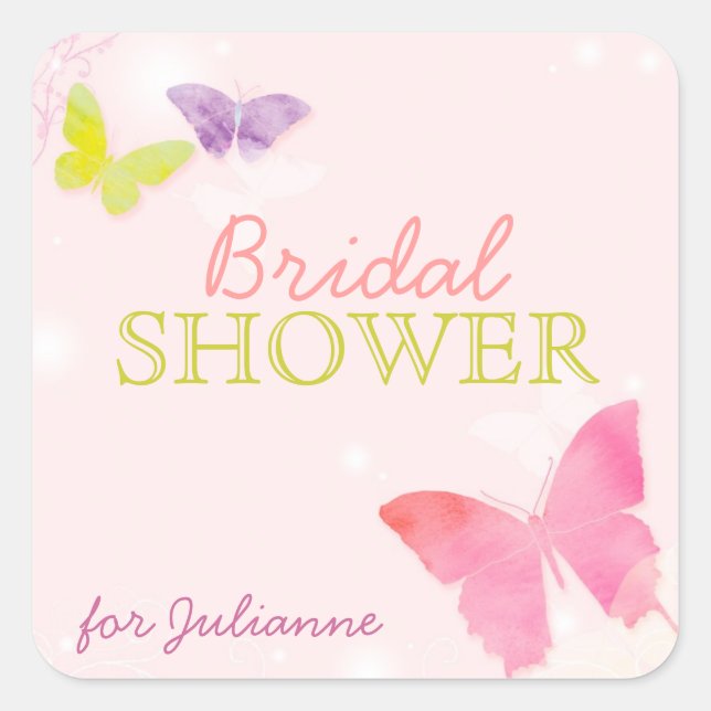 Whimsical Butterfly Pink Bridal Shower Square Sticker (Front)