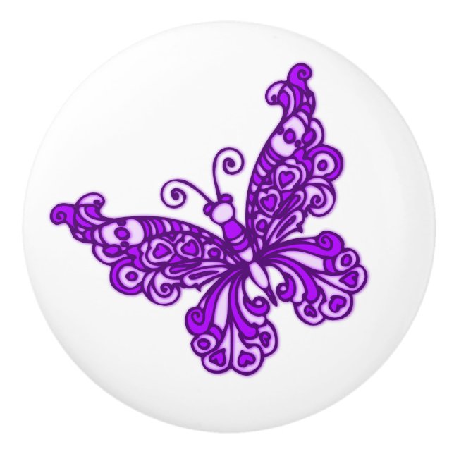 Whimsical butterfly purple inked art doorknob ceramic knob (Front)
